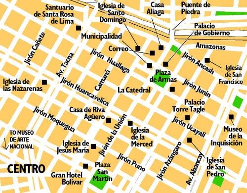 Kaart van die sentrum van Lima peru